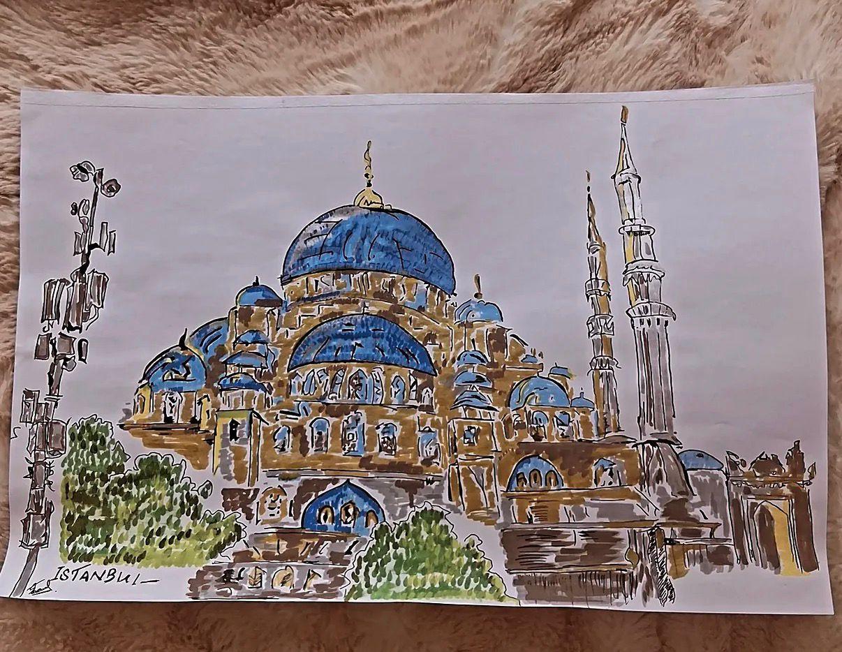 Istanbul Blue Mosque travel sketch in marker and ink by Saemah Shamim